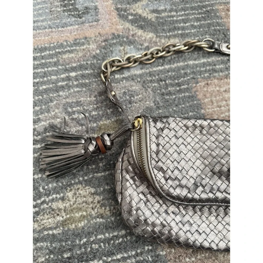 Elliott Lucca Pewter Woven Leather Shoulder Bag Metallic Y2K Tassel